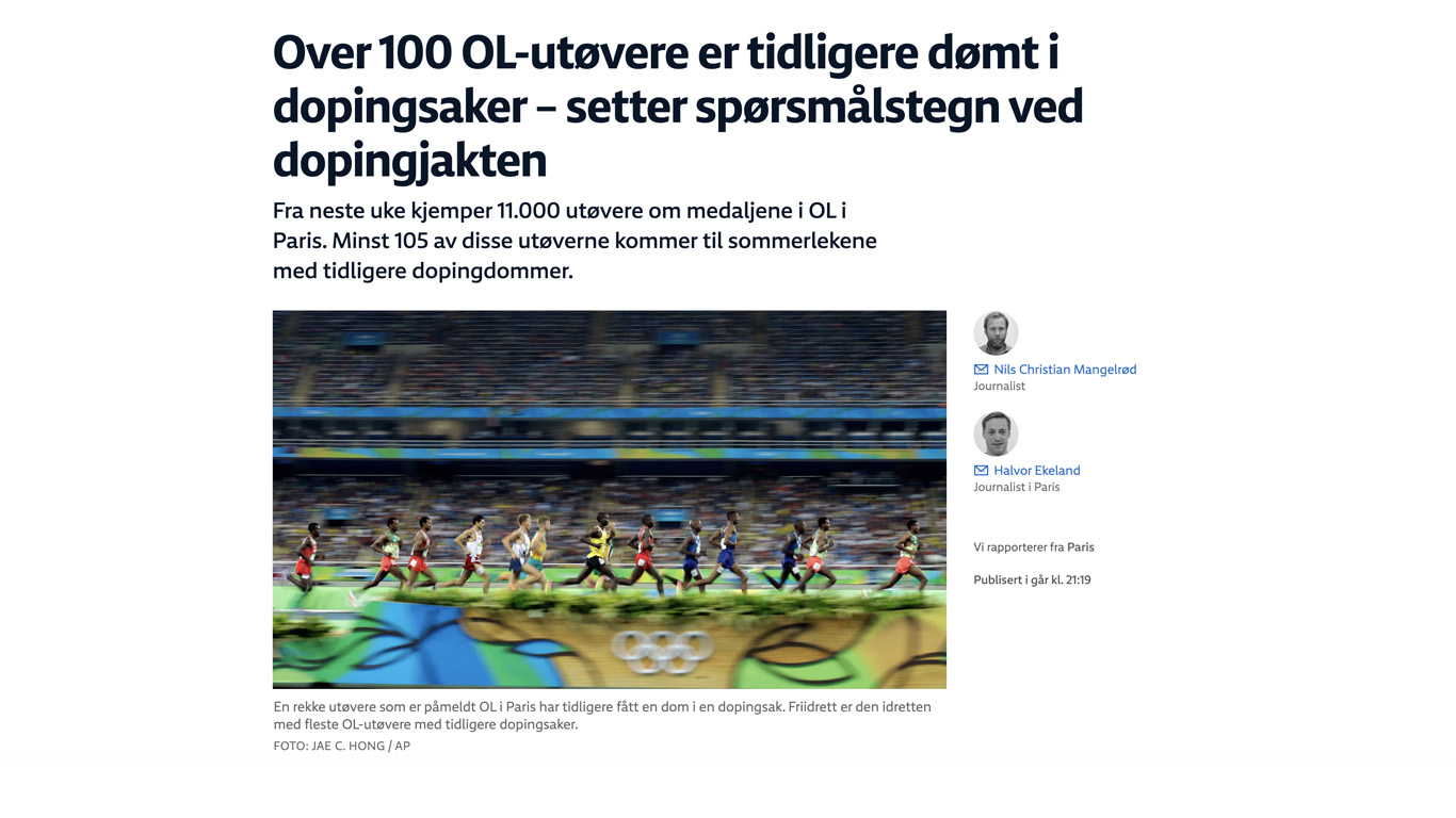 The Norwegian Broadcaster NRK has published an article on athletes with a doping past participating in the Olympic Summer Games in Paris. They used the Anti-Doping Database to get the number of historic statistics and names of athletes.